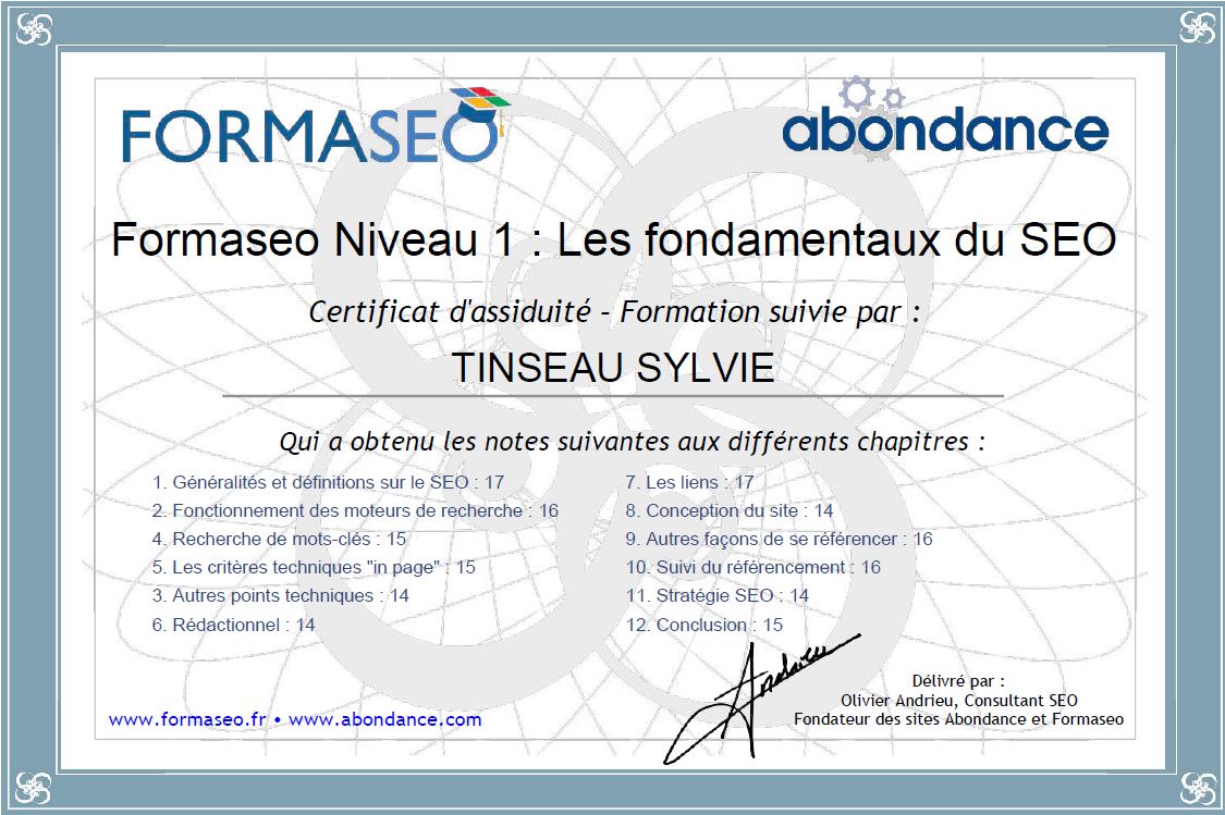 Certificat de Formation - Fondamentaux du SEO Niv1 - Formaseo