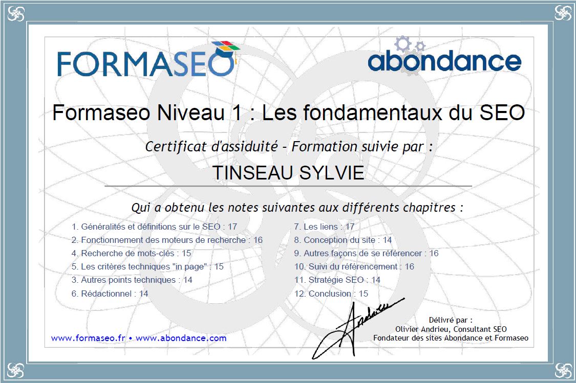 Certificat de Formation - Fondamentaux du SEO Niv1 - Formaseo