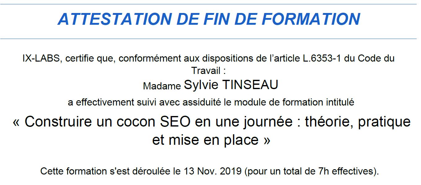 Attestation de Formation - Construire un Cocon SEO - IXLabs