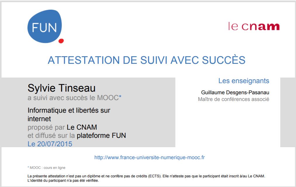 Attestation de suivi de la formation : Informatique et Libertés sur Internet avec le CNAM